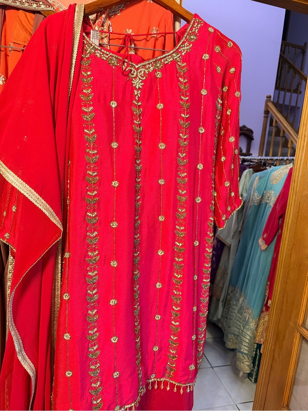Embellished Red Women’s Indian palazzo set with Gold and stone Accents